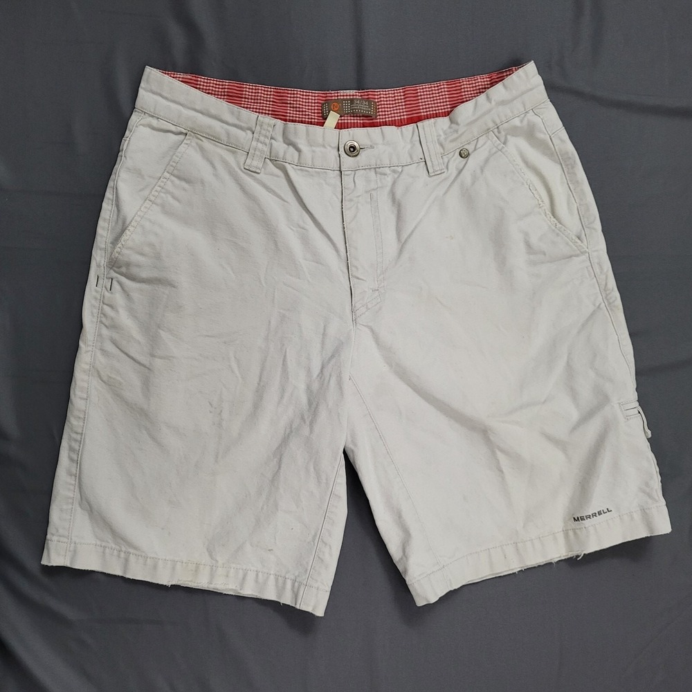 Merrell‎ Mens Hiking Cargo Shorts Sz 34 Stone Cotton Twill Outdoor Utility Trail